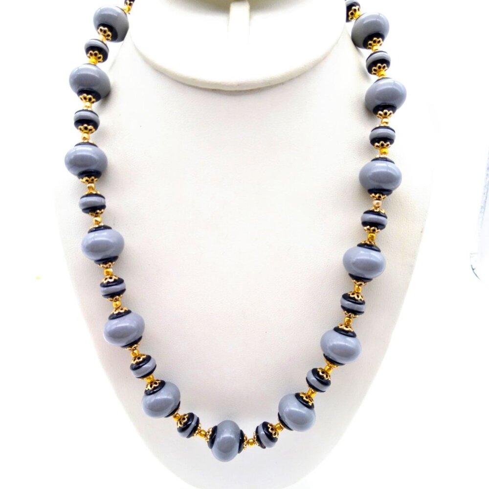 Vintage Gray and Black Beaded Lucite Necklace with Gold Tone Spacers and Filigre